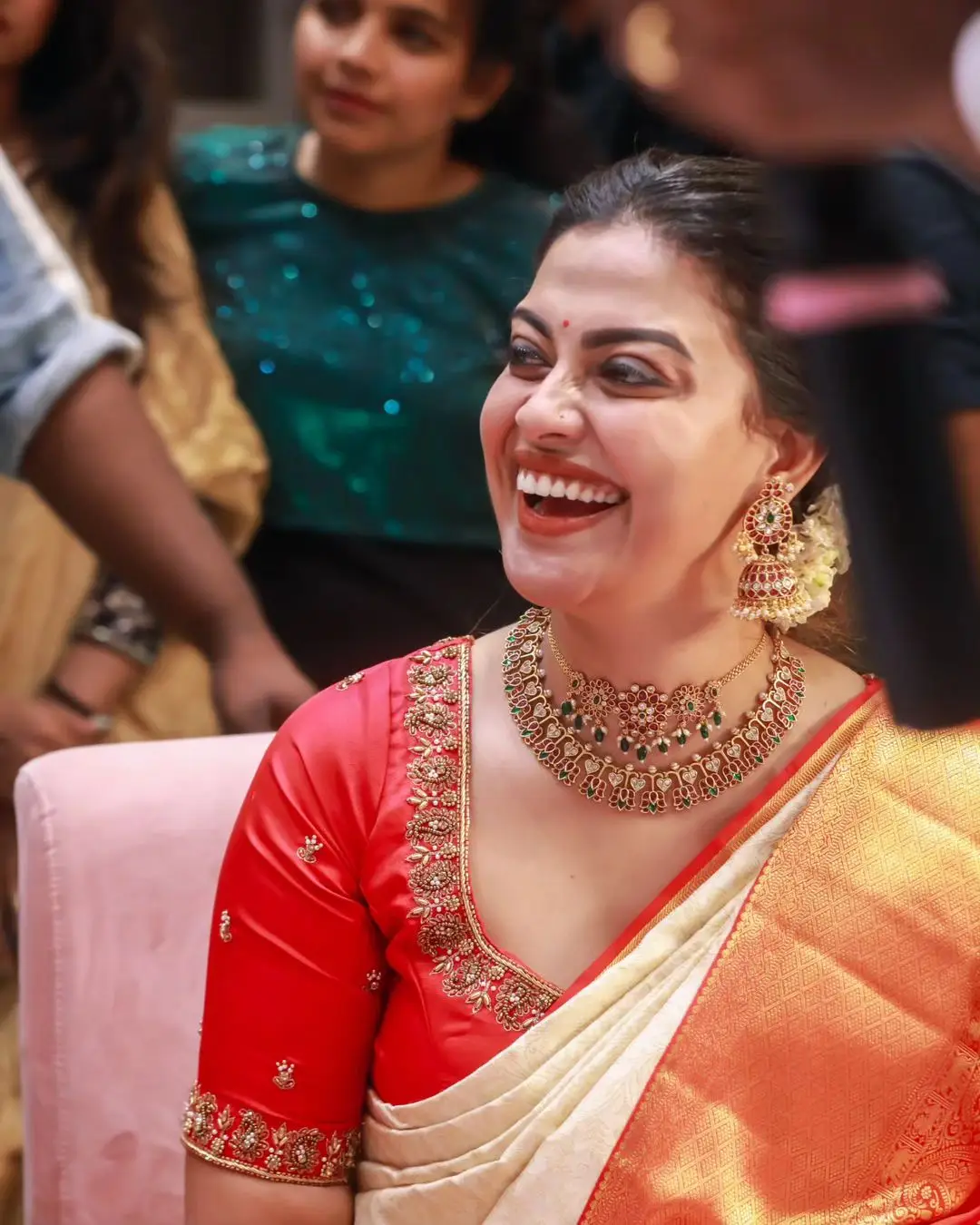 Anusree Nair Wearing Beautiful Earrings Jewellery White Saree Orange Blouse